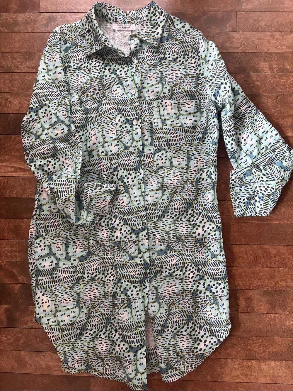 100% Linen Haris Cotton Printed Maxi Shirt Dress with Collar
